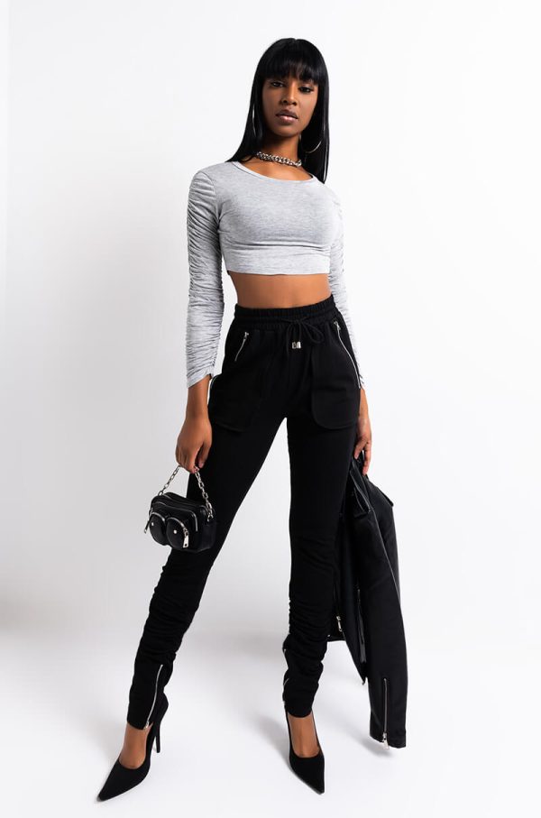 STACK IT UP ROUCHED LONG SLEEVE CROP TOP HEATHER GREY For Sale