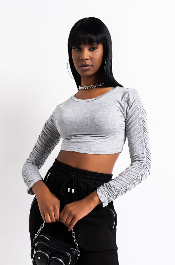 STACK IT UP ROUCHED LONG SLEEVE CROP TOP HEATHER GREY For Sale