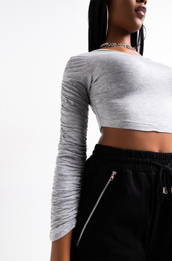 STACK IT UP ROUCHED LONG SLEEVE CROP TOP HEATHER GREY For Sale