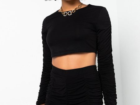 STACK IT UP ROUCHED LONG SLEEVE CROP TOP BLACK Fashion