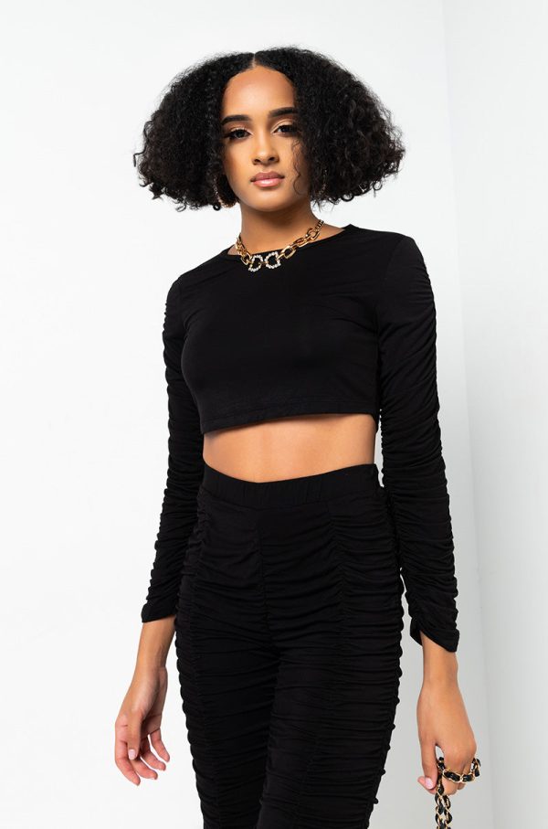 STACK IT UP ROUCHED LONG SLEEVE CROP TOP BLACK Fashion