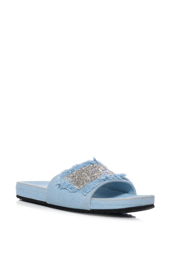 VISE EMBELLISHED SLIP ON DENIM SANDAL IN LIGHT BLUE Online