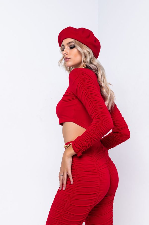 STACK IT UP ROUCHED LONG SLEEVE CROP TOP RED Online now