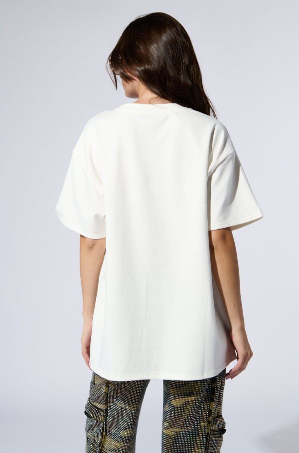 SMILE RHINESTONE DETAIL OVERSIZED TSHIRT IN WHITE Discount