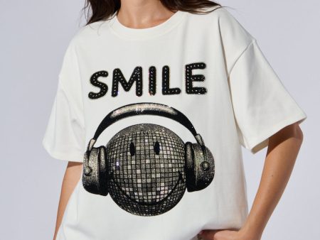 SMILE RHINESTONE DETAIL OVERSIZED TSHIRT IN WHITE Discount